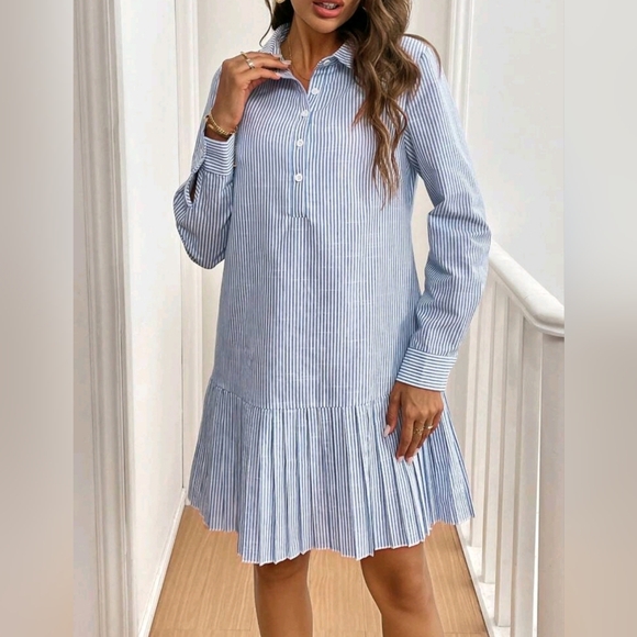 New Classic Striped Drop Waist Pleated Shirt Dress Blue White - Picture 3 of 8